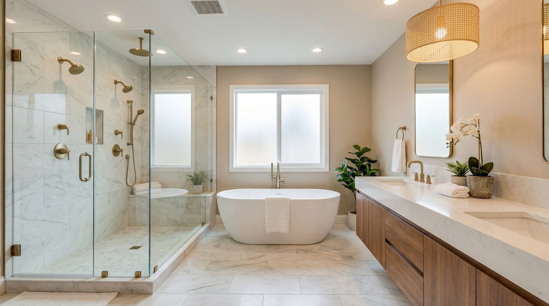 Spa-style master bathroom remodel with freestanding tub by RBO Construction in Frisco, TX