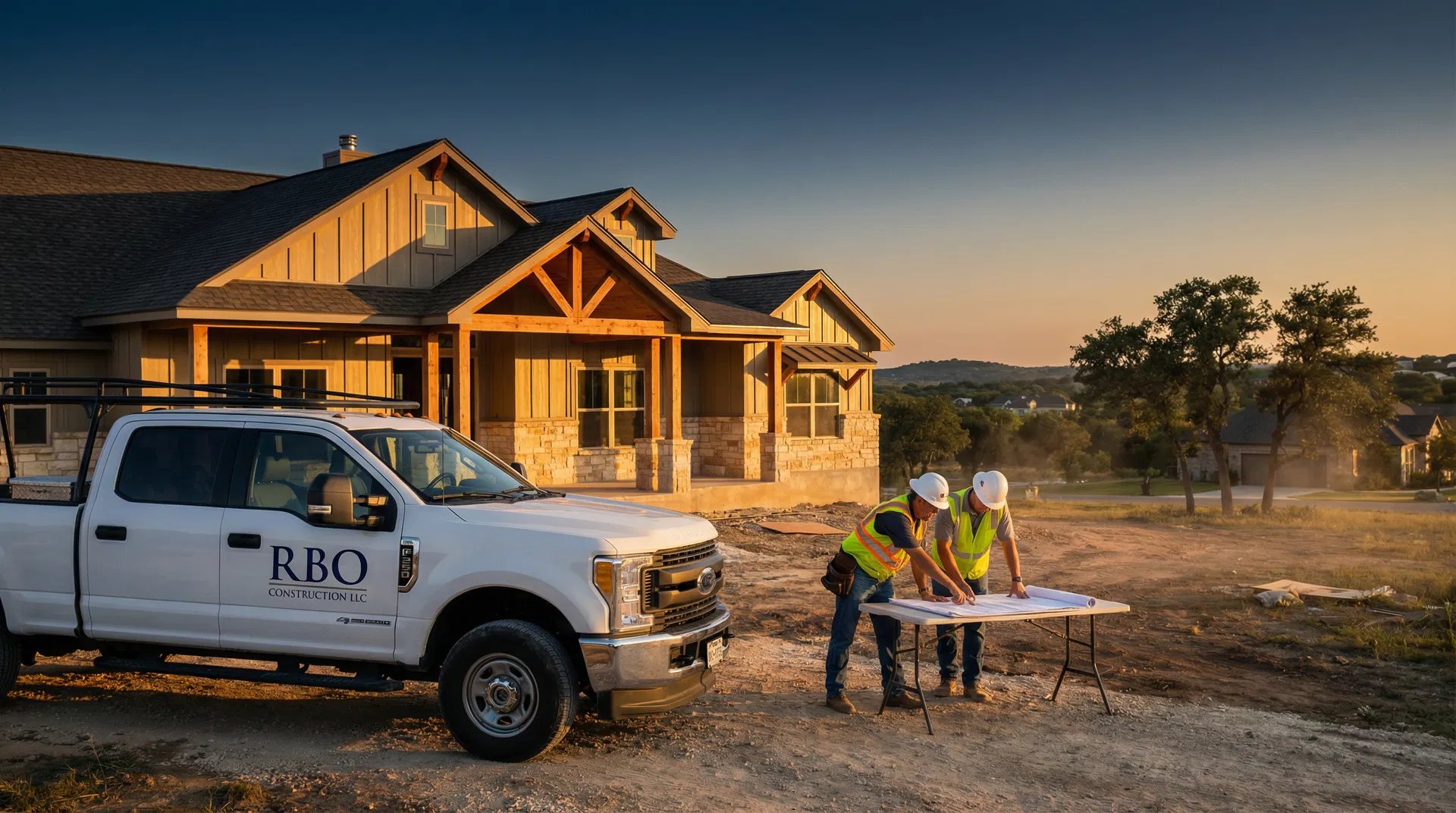 RBO Construction crew reviewing plans at a North Texas residential job site