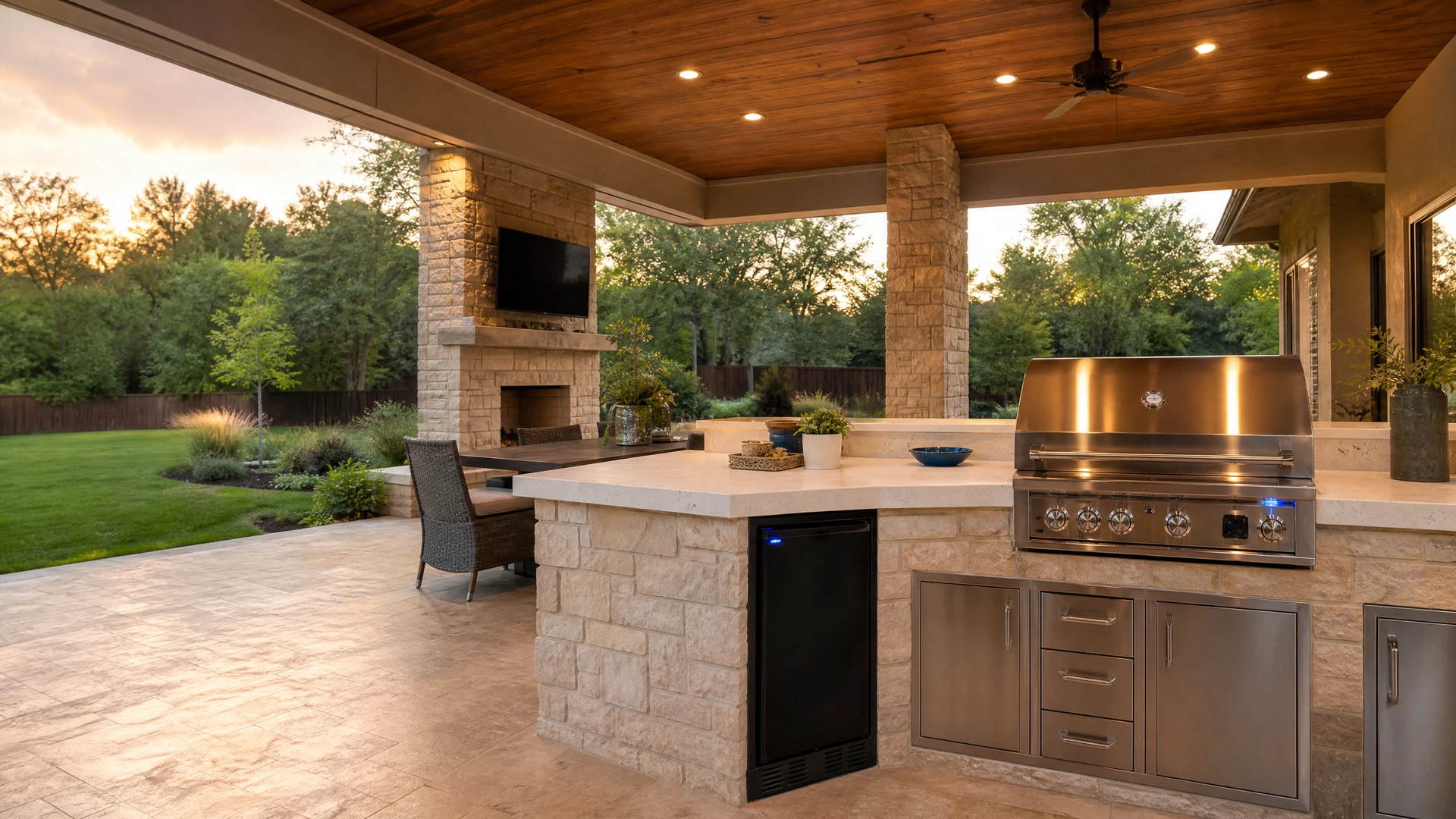 Custom covered patio and outdoor kitchen build by RBO Construction in North Texas